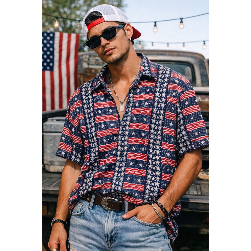 Ivy Club Classics American Flag Shirt Mens Medium Patriotic Stars Stripes USA